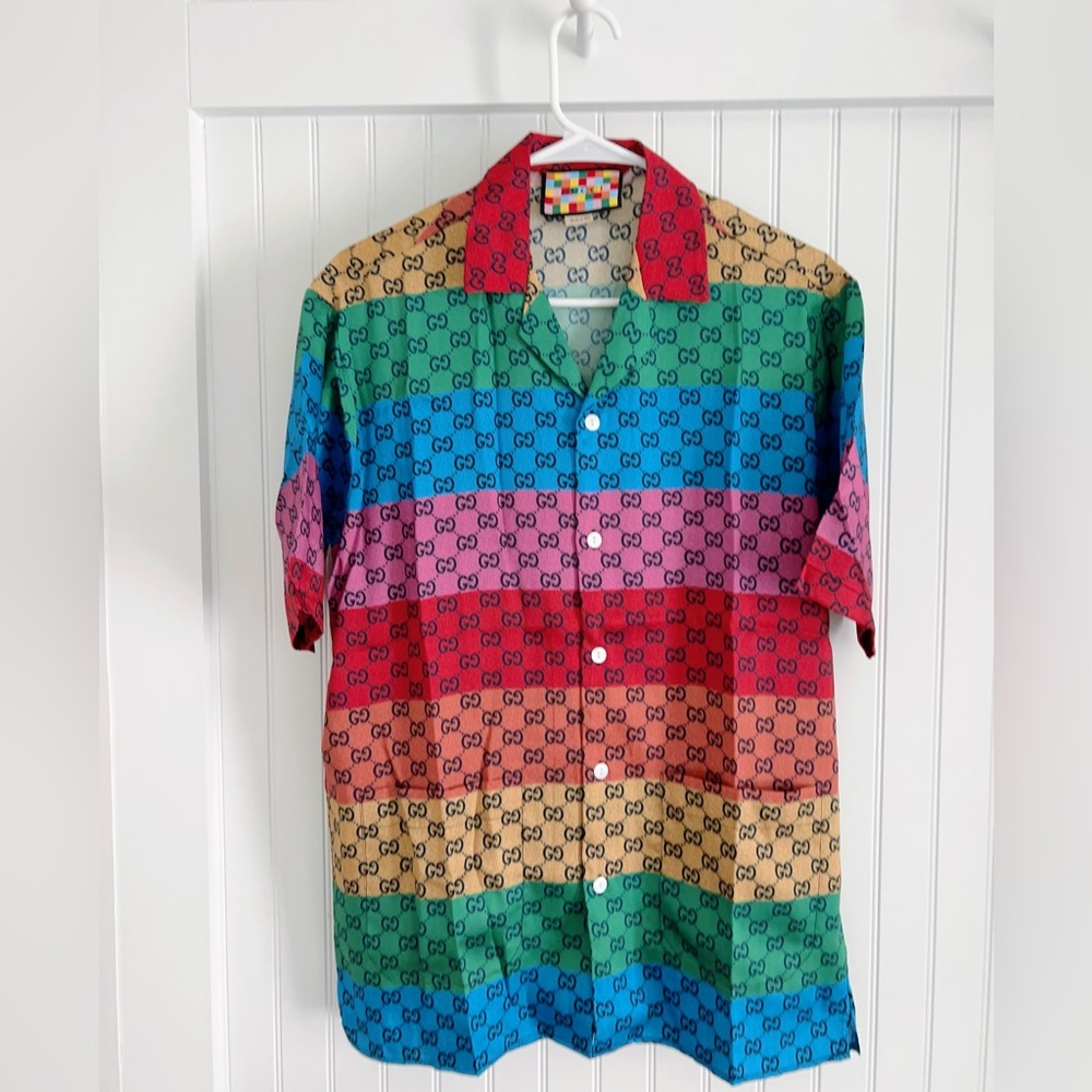 New Authentic Gucci GG Multicolor Short Sleeve Silk Shirt